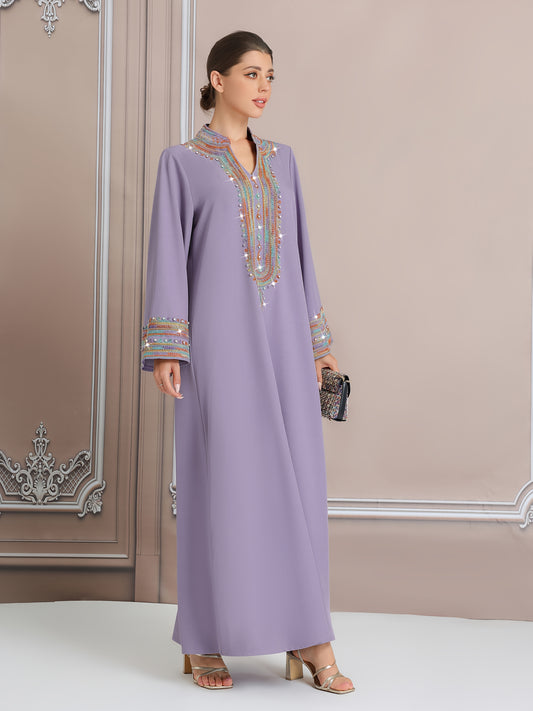 Women's Embroidered Long Kaftan Modern Abaya, Polyester 100% Regular Sleeve, All Season, Woven, 260g/m² Fabric Weight, Tribal Pattern, No Belt, Regular Fit