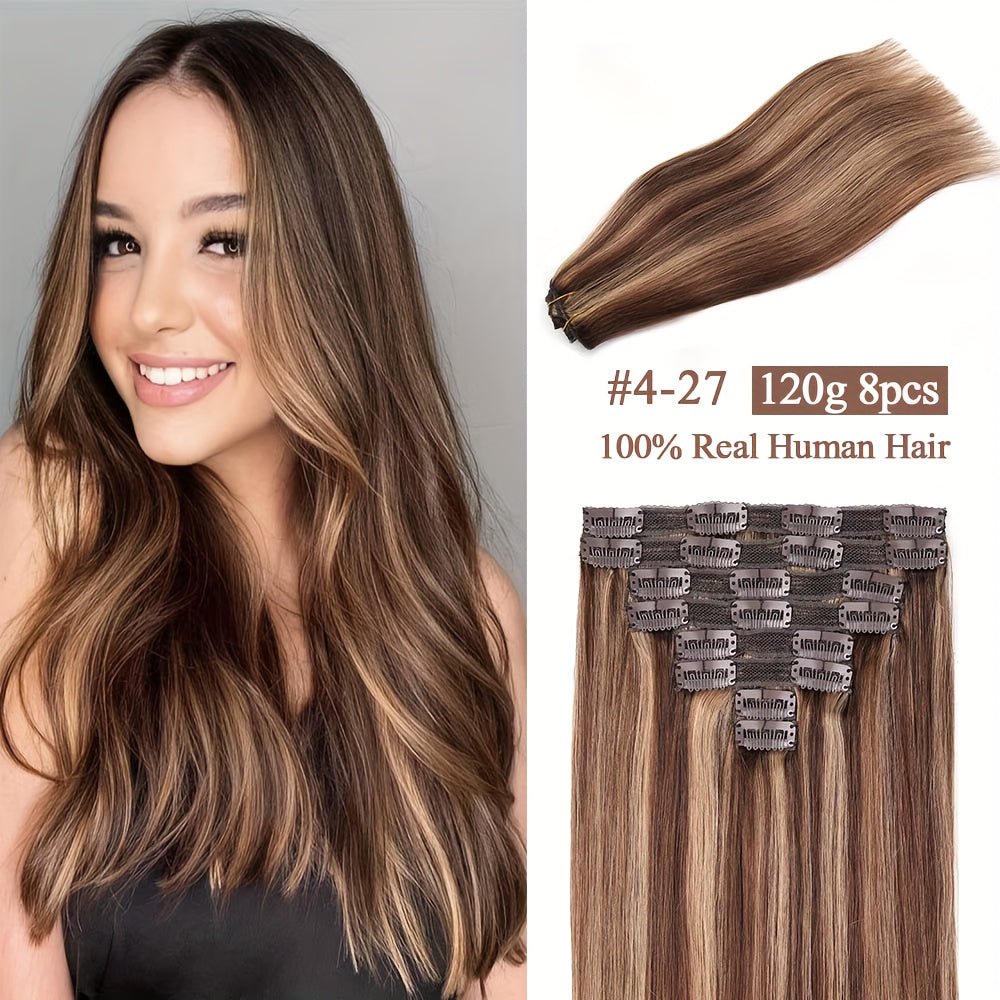 8pcs Brazilian 100% Human Hair Hair Extensions with 18 Clips In - #4/27 Highlight Straight Hair Suitable for Women, Highlights, Volume & Length, 4/27 Color Match for Afro Hair