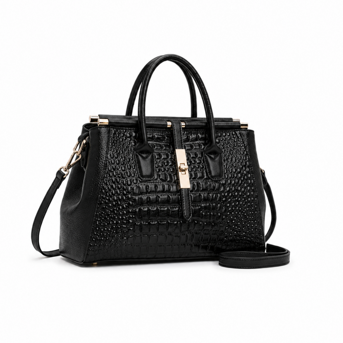 Luxe Black Crocodile Embossed Structured Handbag