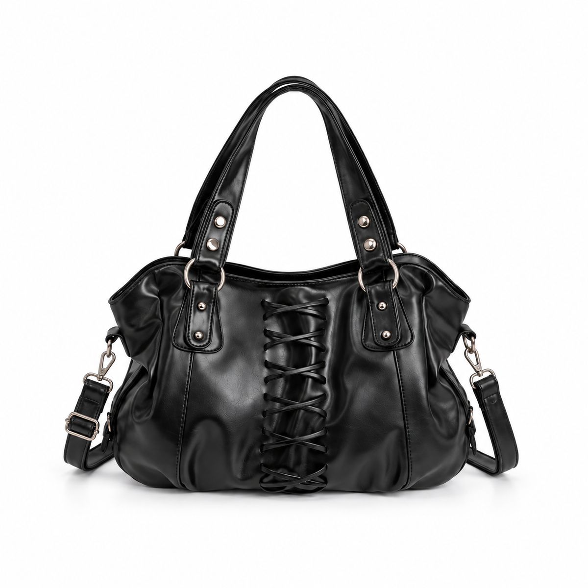 Black Lace-Up Ruched Leather Shoulder HandBag