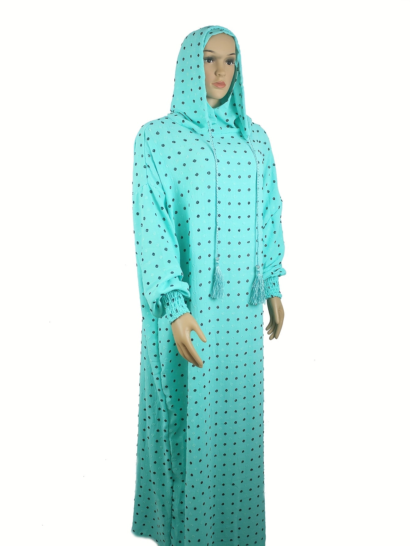 Plus Size - Elegant Plus Size Abaya with Hood - Loose Fit, Long Sleeve, Polka Dot Design, Drawstring Neck, All-Season Wear, Casual Weekend Dress for Muslim Women, Casual Wear Abaya
