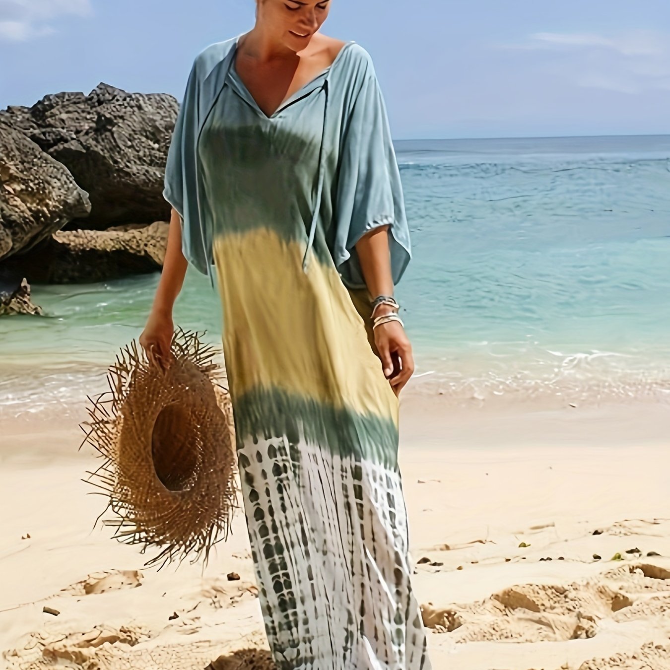 Women Green Tie Dye Kaftan Dress | Beach Cover Up Short Sleeve Maxi Dress, Casual V-Neck Kimono, Loose Fit For Spring/Summer/Fall