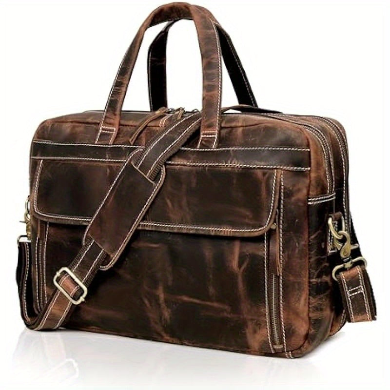 18 Inch Handcrafted Full Grain Italian Leather Briefcase for Men - Premium Brown Camo Laptop Leather Bag with 15.6" Compartment, Adjustable Shoulder Strap & Travel Luggage Attachment