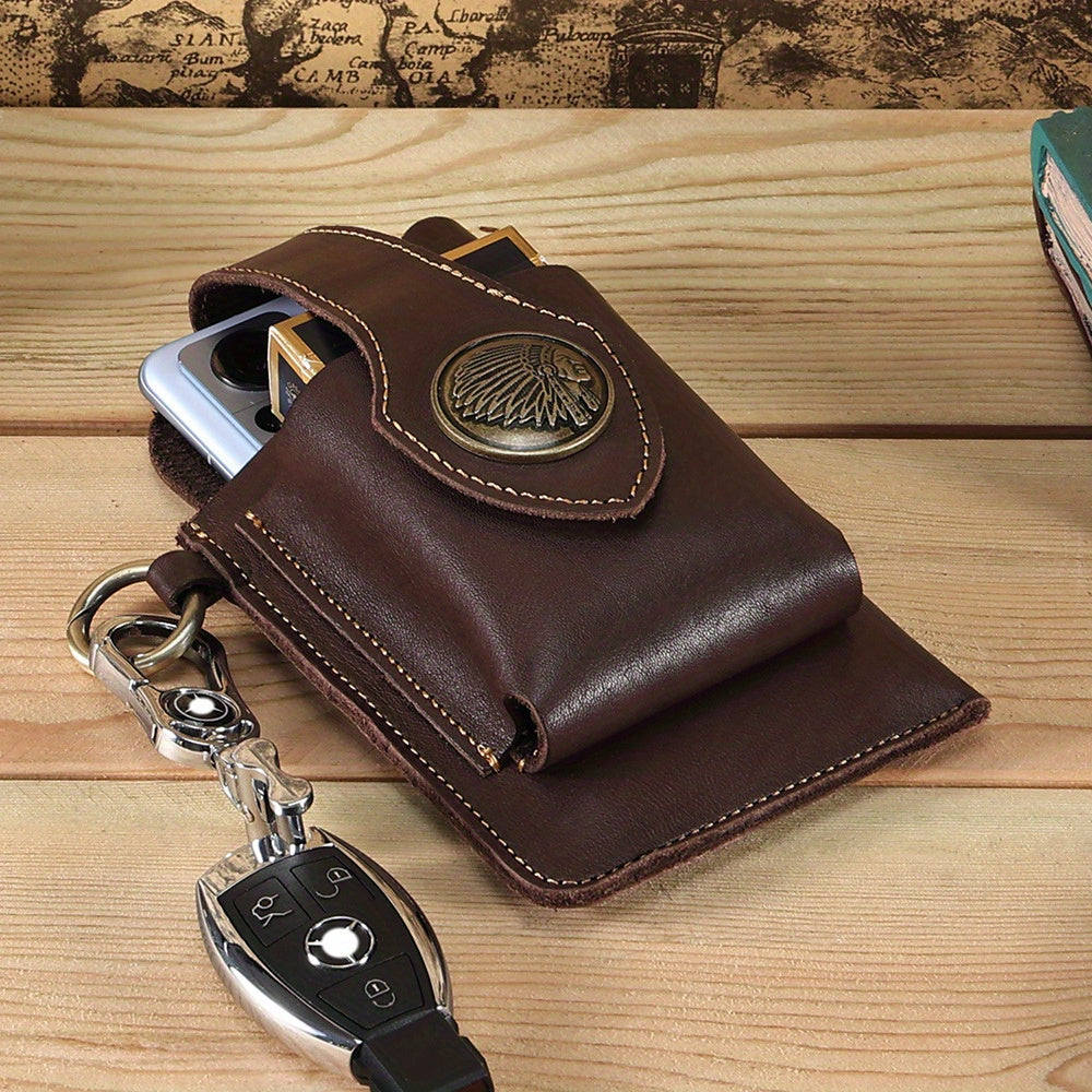 Men's Genuine Leather Mobile Phone Key Waist Bag Creative Vegetable Tanned Leather Waist Bag Men Wear Belt Tactical Waist Bag