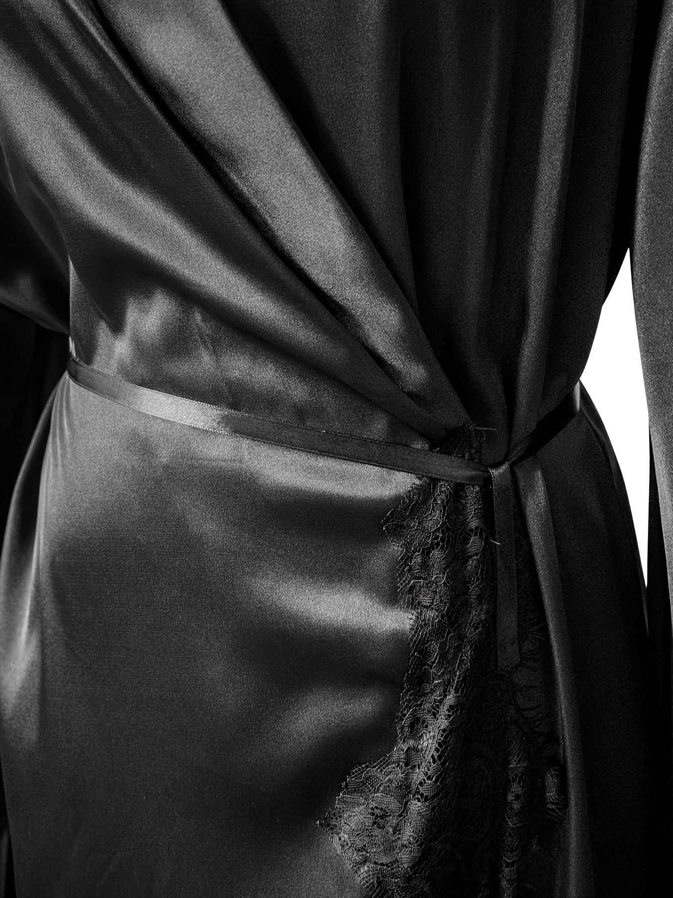 Women's Black Satin Robe - Elegant Long Lace Kimono, Lightweight Bridal Sleepwear for Wedding Day, Polyester, Contrast Lace Detail, Bride Lingerie
