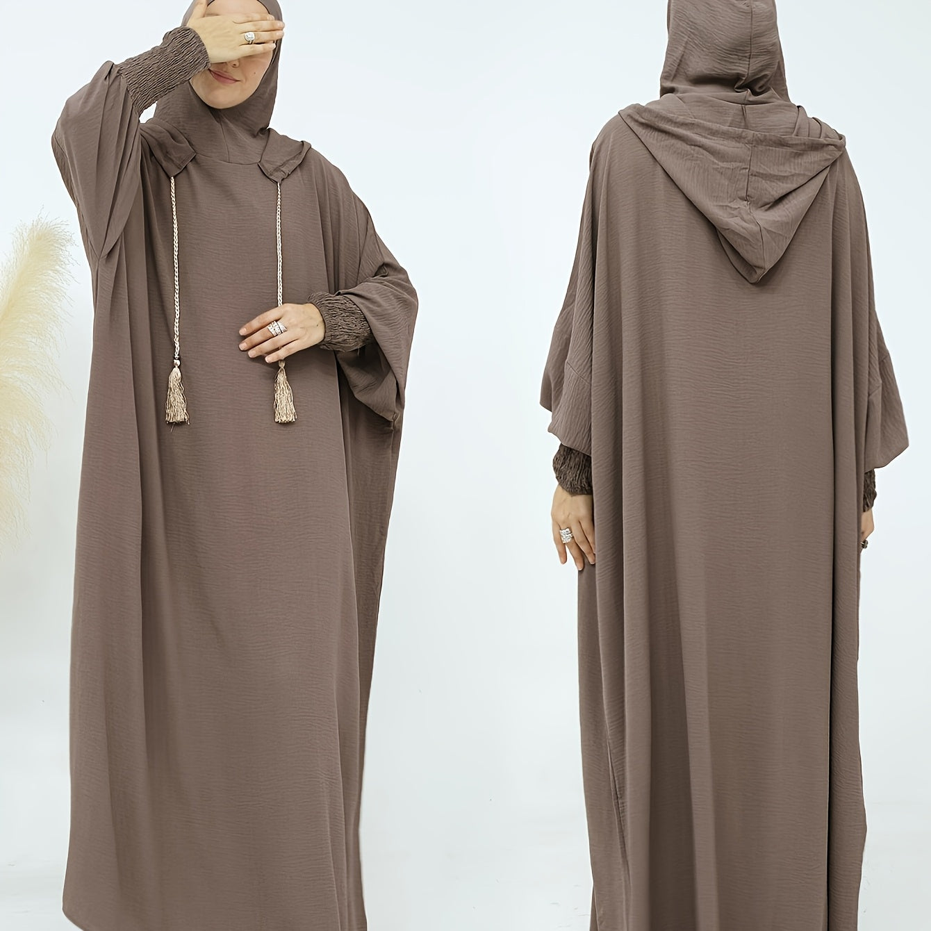Elegant Solid Brown Crinkle Polyester Jibab Abaya with Hood - Breathable Loose Fit Women's Casual Hijab Dress for Outdoor Wear, Comfortable Wear | Flowing Garment | Smooth Texture
