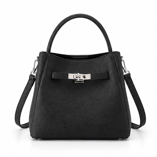 Elegant Black Structured Leather Bucket Handbag