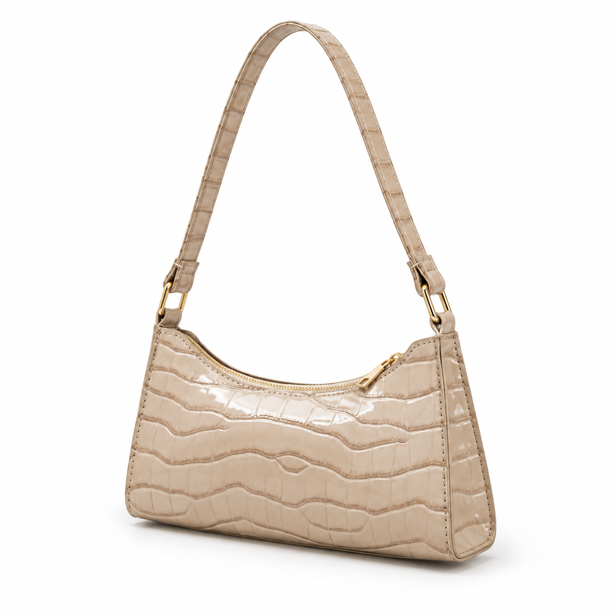 Glossy Croc Embossed Beige Shoulder Bag