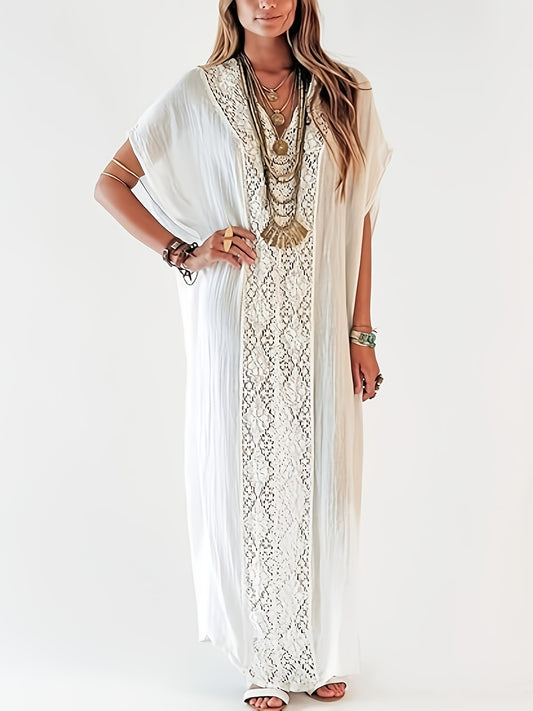 Plus Size, Women White Bathing Suit Cover Ups for Swimwear Short Sleeve Beach Kaftan Dress