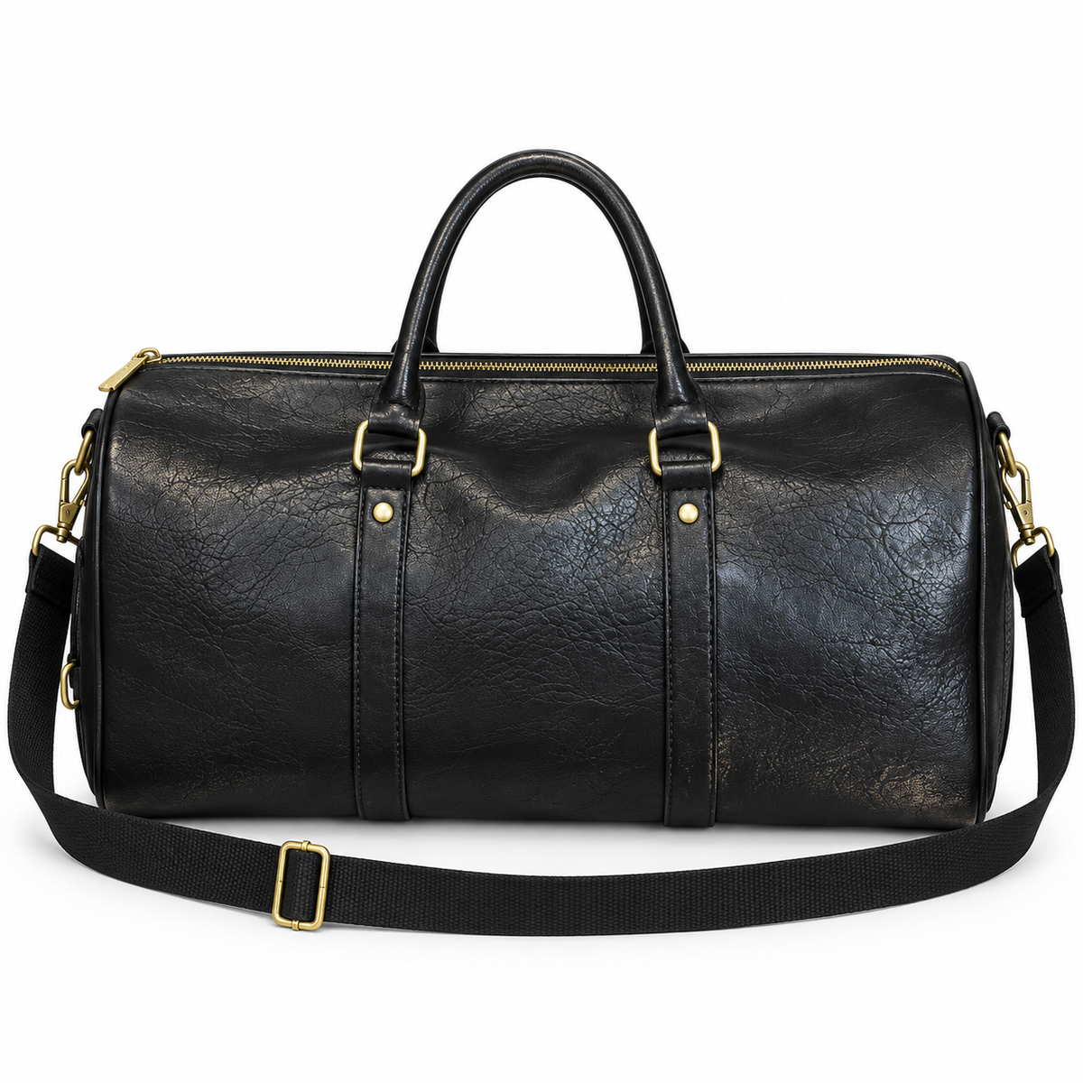 Classic Black Leather Travel Duffel Bag
