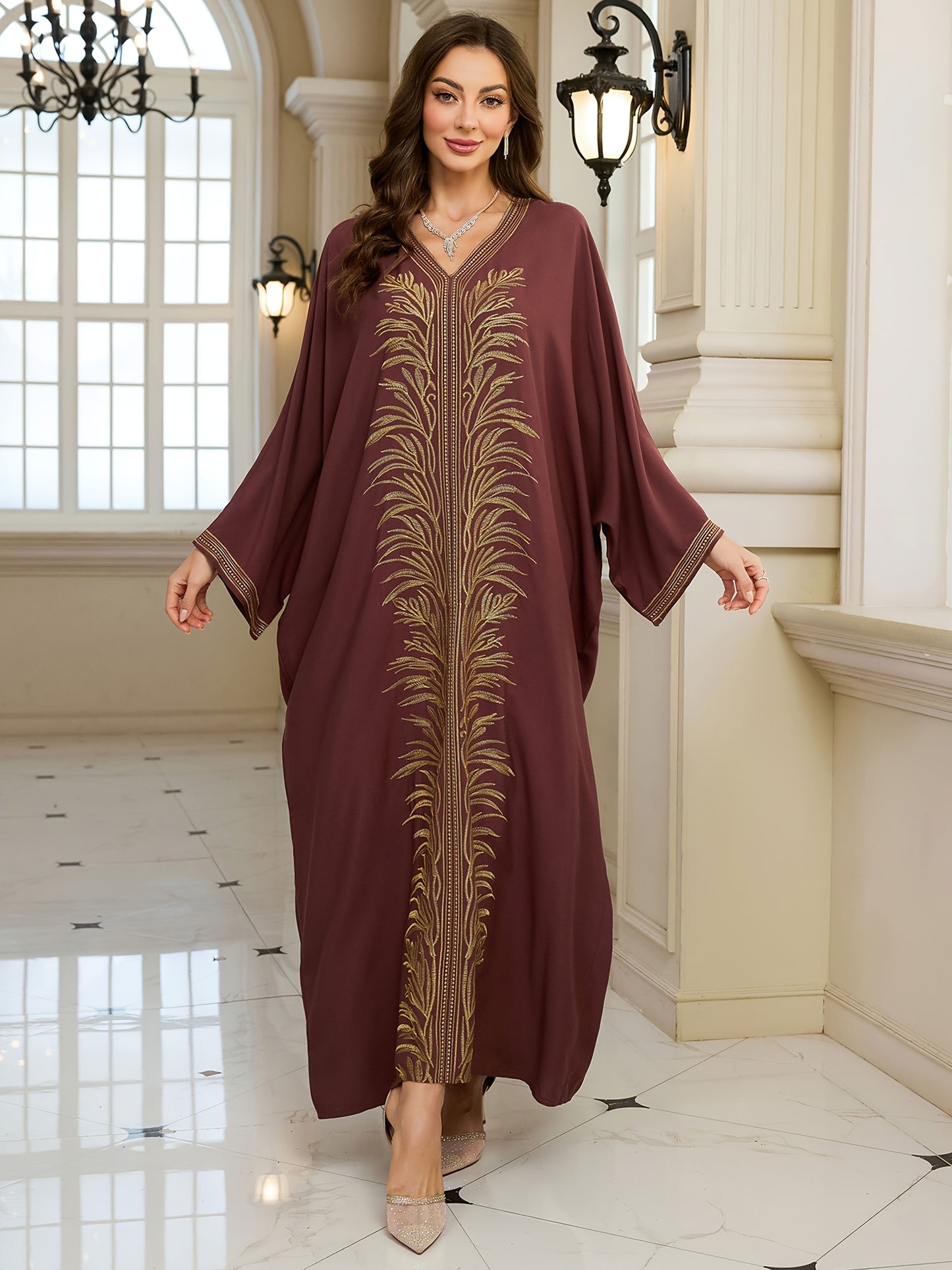 Women's Golden Floral Embroidered V-Neck Batwing Sleeve Kaftan Robe - Loose Fit Plus Size Long Dress for Ramadan Eid Beach Vacation, Middle Eastern Cover Up, Muslim Abaya Dress