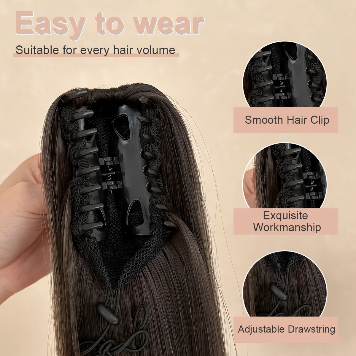 [YUSULAXI Ombre Hair Extension] YUSULAXI 26" Long Straight Heat-Resistant Synthetic Hair Ombre Black to Brown Claw Clip Ponytail Extension - Voluminous Texture for Women's Daily Use