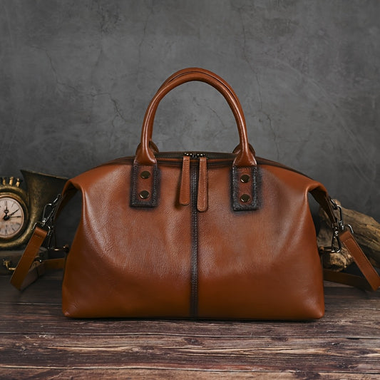 Vintage Brown Genuine Leather Dumpling Bag for Women - Top-Handle Handbag with Detachable Shoulder Strap, Large Capacity, Casual Style
