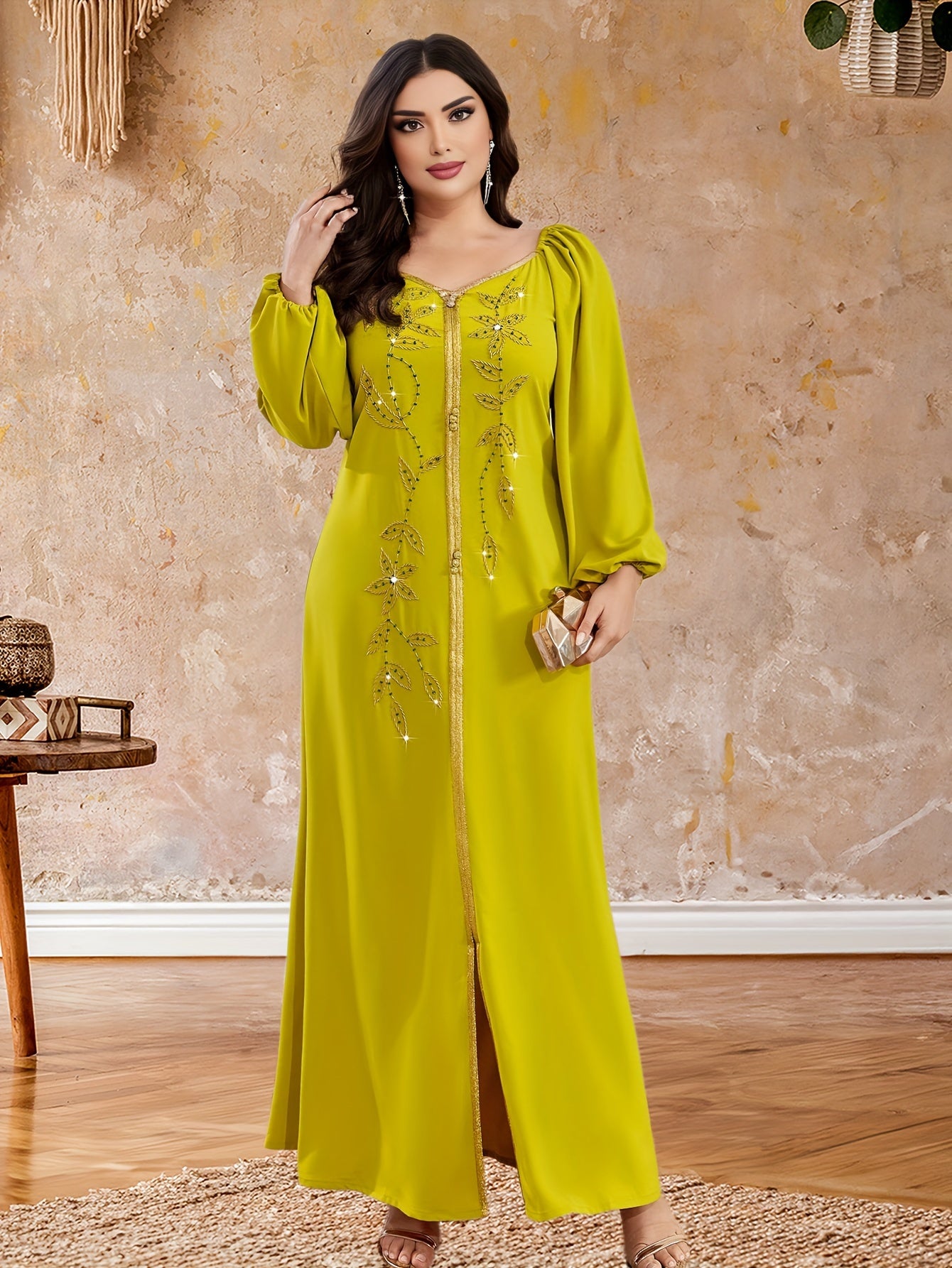 Elegant Long Sleeve Polyester Dress with Lantern Sleeves, Solid Color, Tie Back, and Belted Waist Palestinian Abaya