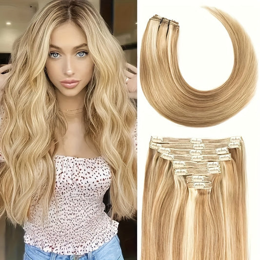 Straight Clip In Hair Extensions 8pcs With 18 Clips Real Human Hair Clip Ins For Women Double Weft Clip In Human Hair Extensions #12/613 Light Brown Mix Bleach Blonde Remy Hair Extension