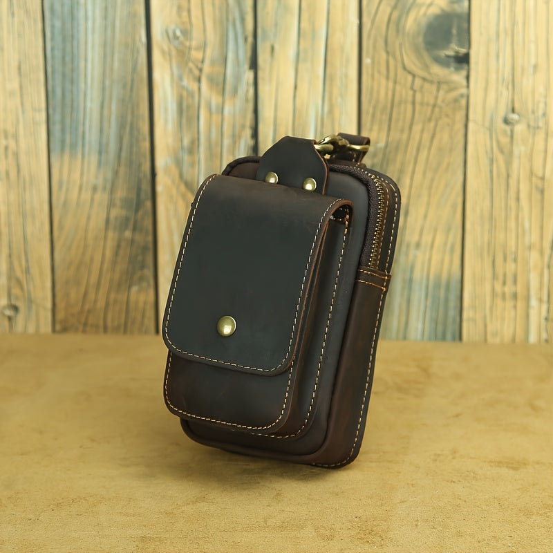 Men's Vintage Crazy Horse Top-Grain Vintage Leather Waist Bag, Casual Style, Multi-Functional Fanny Pack for Daily Commute, No Print, Durable Belt Hanging Pouch for Mobile Phone