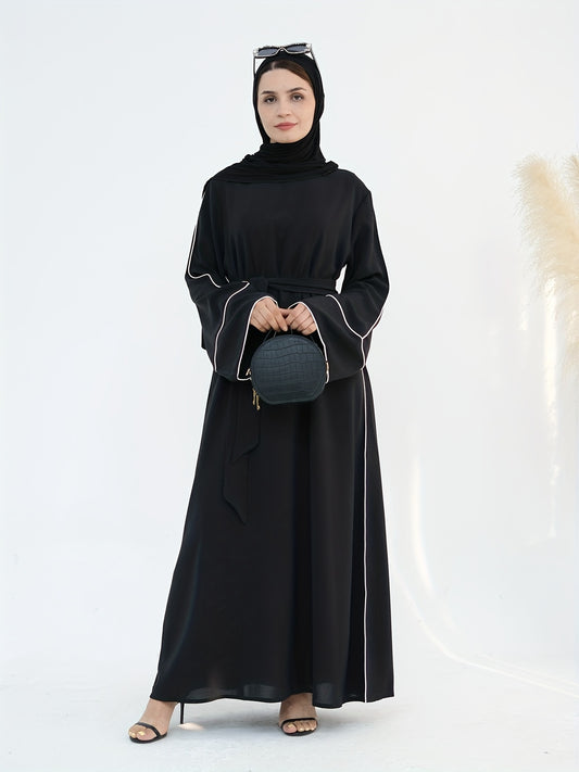 Women's Stylish Solid Color Dubai Turkish Abaya with Lace-Up Waist - Long Robe with Belt, Sleeveless, Polyester, All-Season Wear, Casual Attire|Elegant Attire|Polyester Fabric