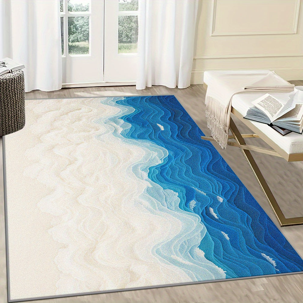 This Is a Large Floor Mat Designed with a Beautiful Seawater Beach Pattern, Featuring a Easy Style And Exquisite Hemming. It Is Made of Faux Cashmere with a Weight of 1200G Per Square Meter And a Thickness of 8.6Mm. The Rug I