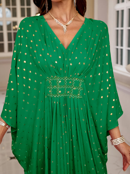 EDOLYNSA V-Neck Elegant Green Waist-Cinched Side-Draped Polka Dot Long Batwing Sleeve Dress, Middle Eastern Fashion Loose Cover-Up Kaftan Robe Q1804