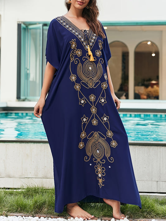Swimsuit Coverup Embroidered V-Neck Kaftan Plus Size Summer Long Dress
