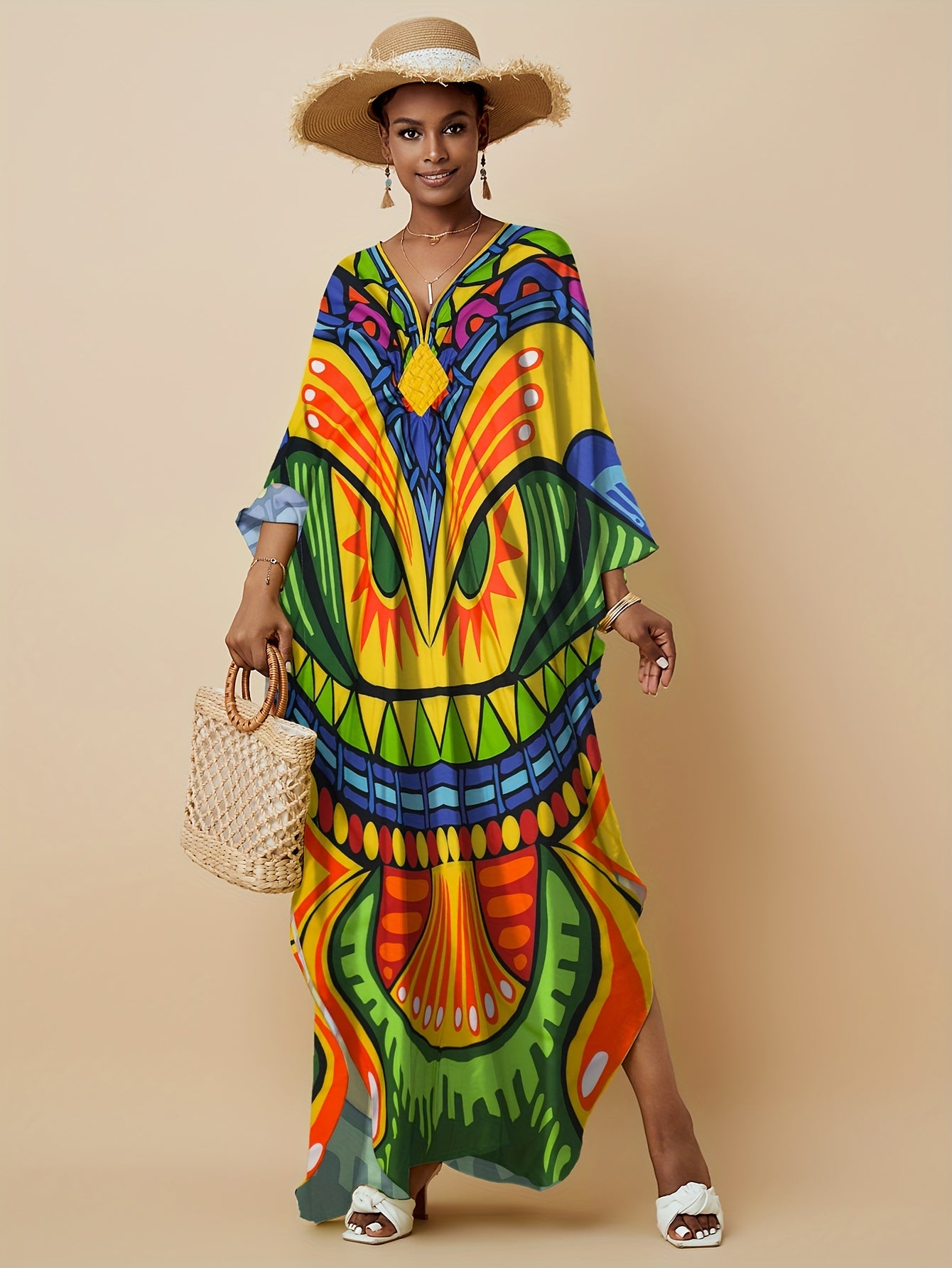 Vibrant Bohemian Kaftan Dress - Four-Sided Elastic V-Neck, Bat Sleeves, Beach Cover-Up