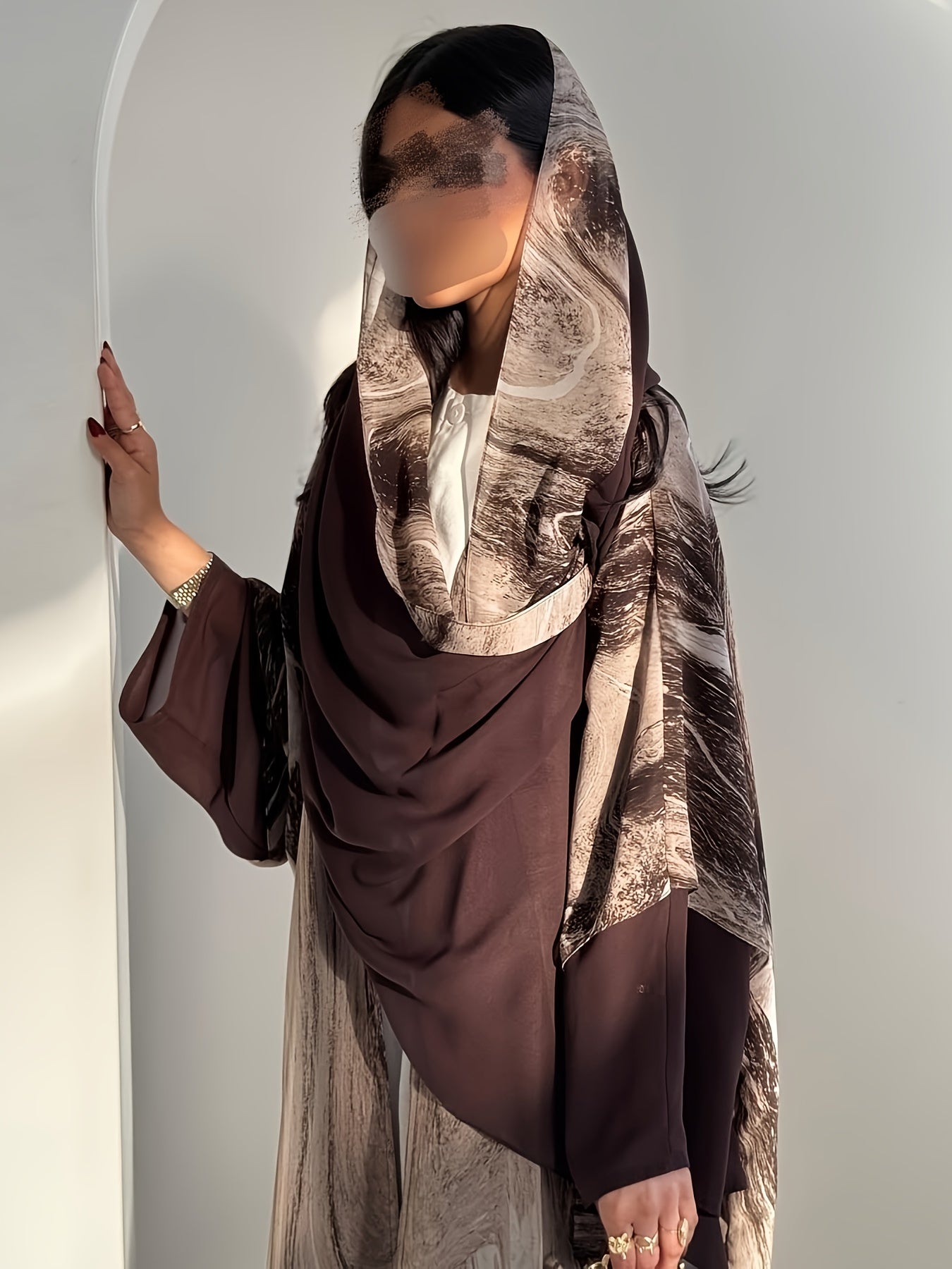 Elegant Brown Floral Print Abaya with Headscarf - Stylish Loose Fit, Long Sleeve, Button-Up Cardigan for Women, Perfect for Casual or Formal Occasions, Casual Wear|Floral Print Abaya