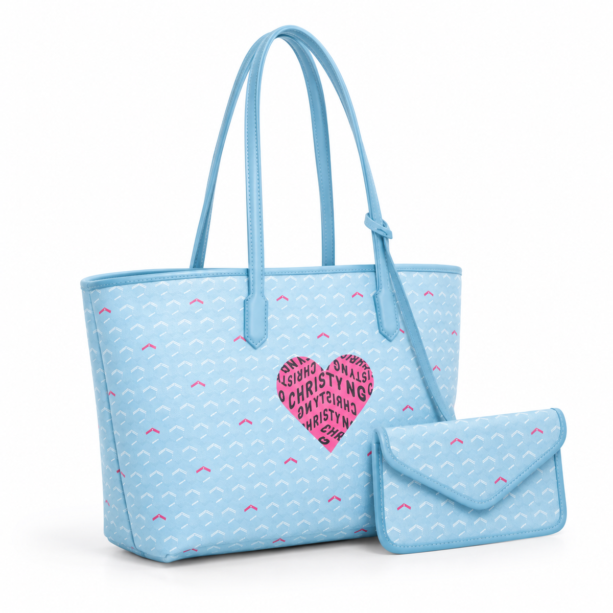 Sky Blue Heart Pattern Tote Set