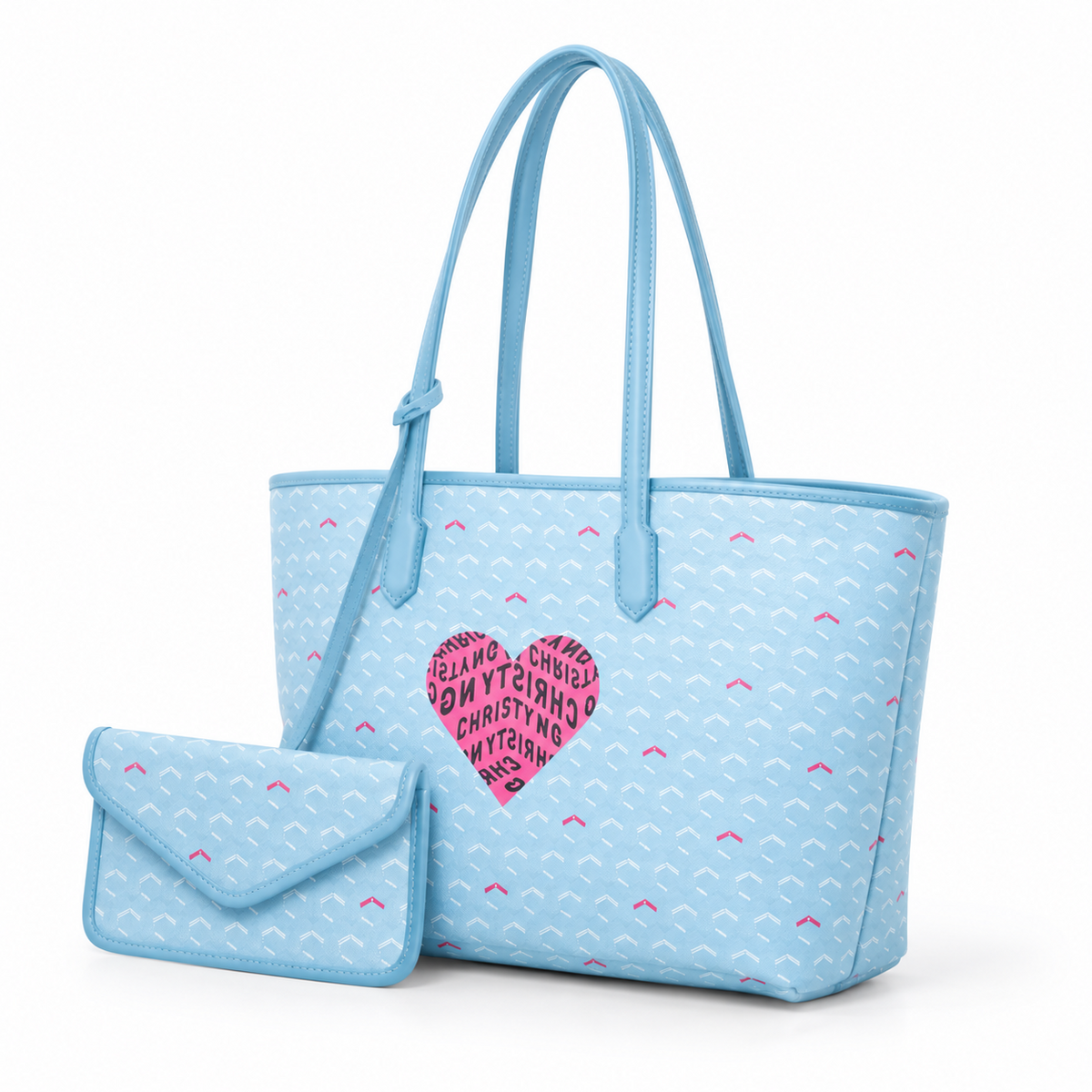 Sky Blue Heart Pattern Tote Set