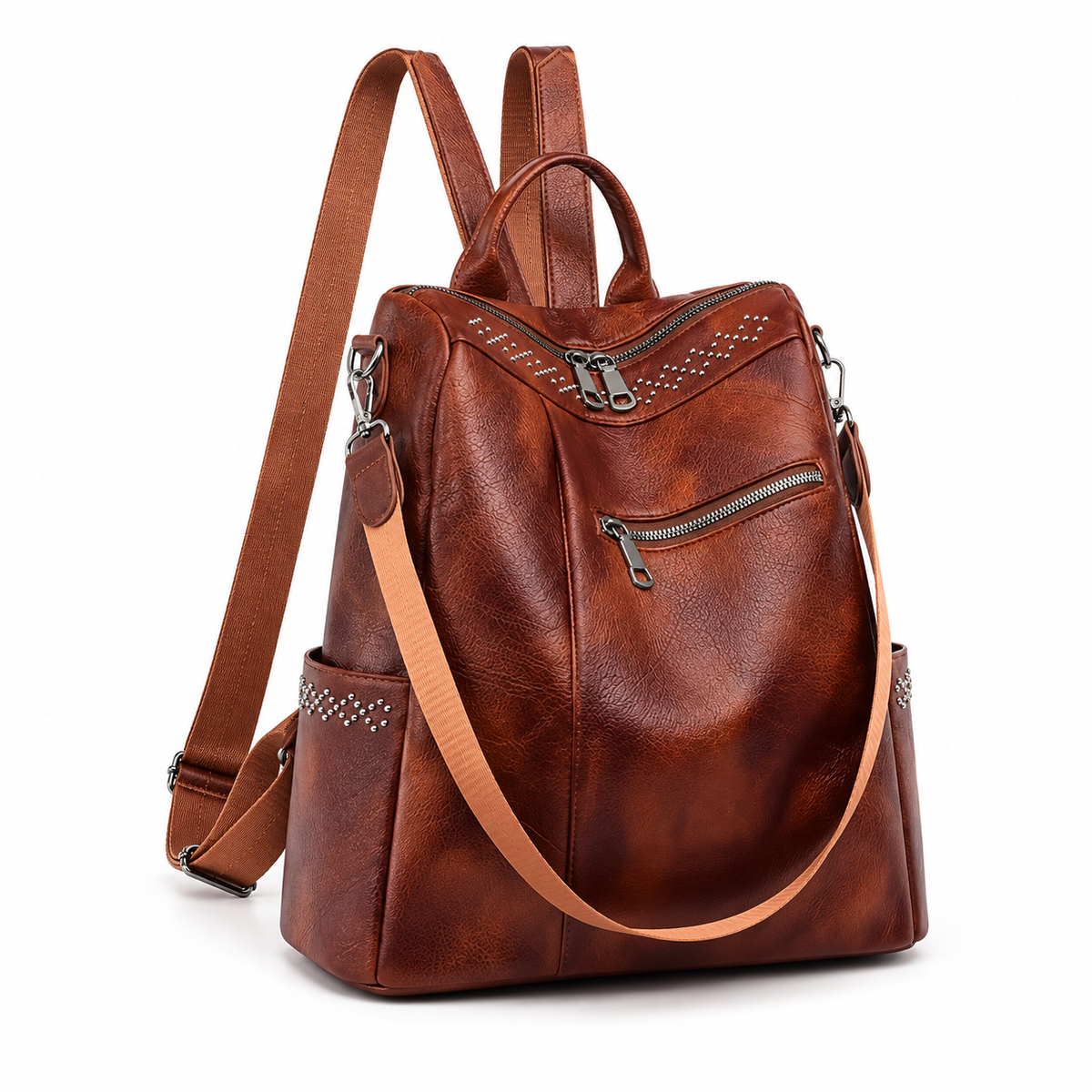Vintage Brown Studded Convertible Backpack Bag