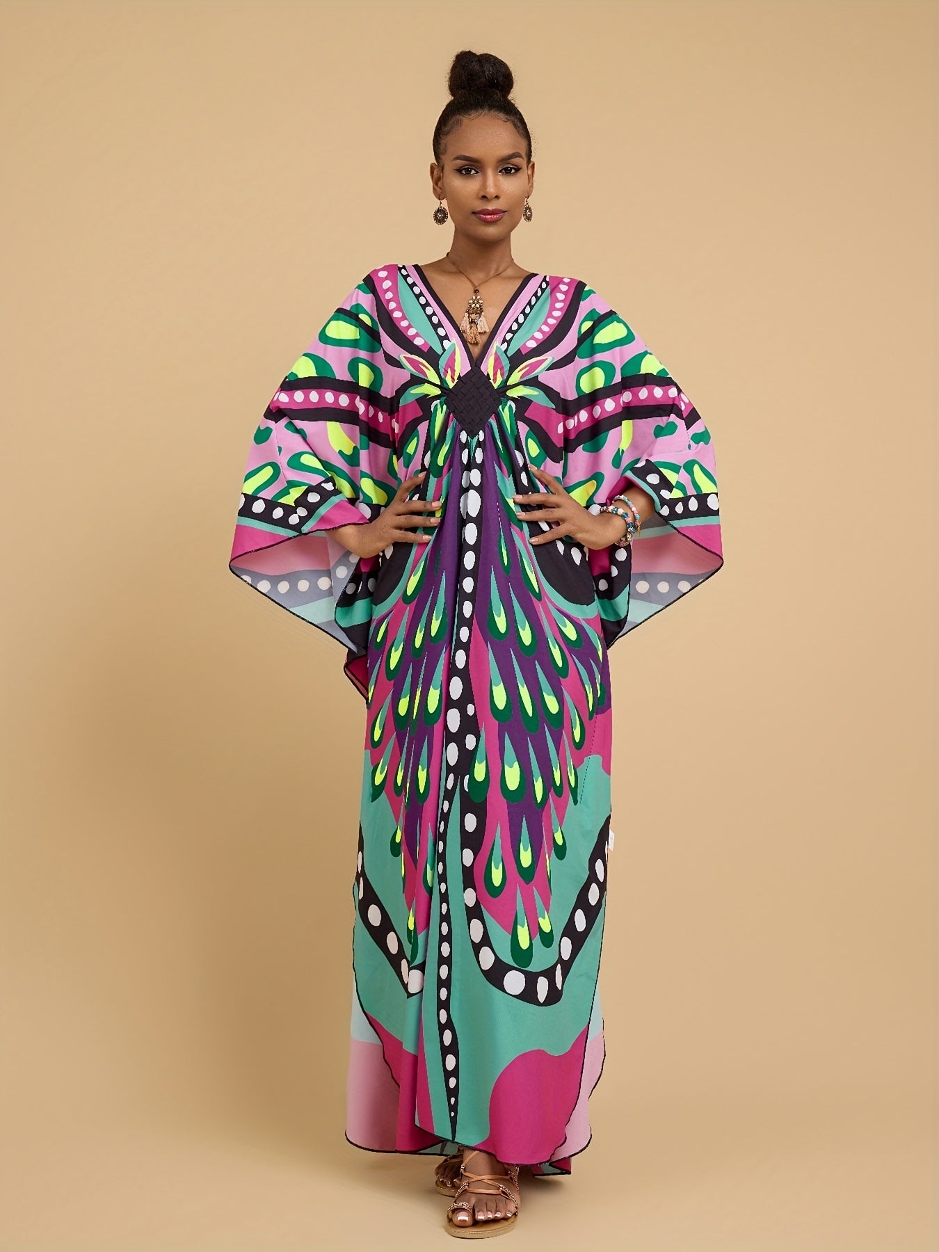 [Vibrant Kaftan Dress] Vibrant Colorful Kaftan Dress - All-Over Print V-Neck Loose Fit Maxi with Side Slit, Elegant Short Sleeve for Women, Perfect for Beach Vacations, Home Casual, and Middle Eastern Style, Beach Coverup Dress