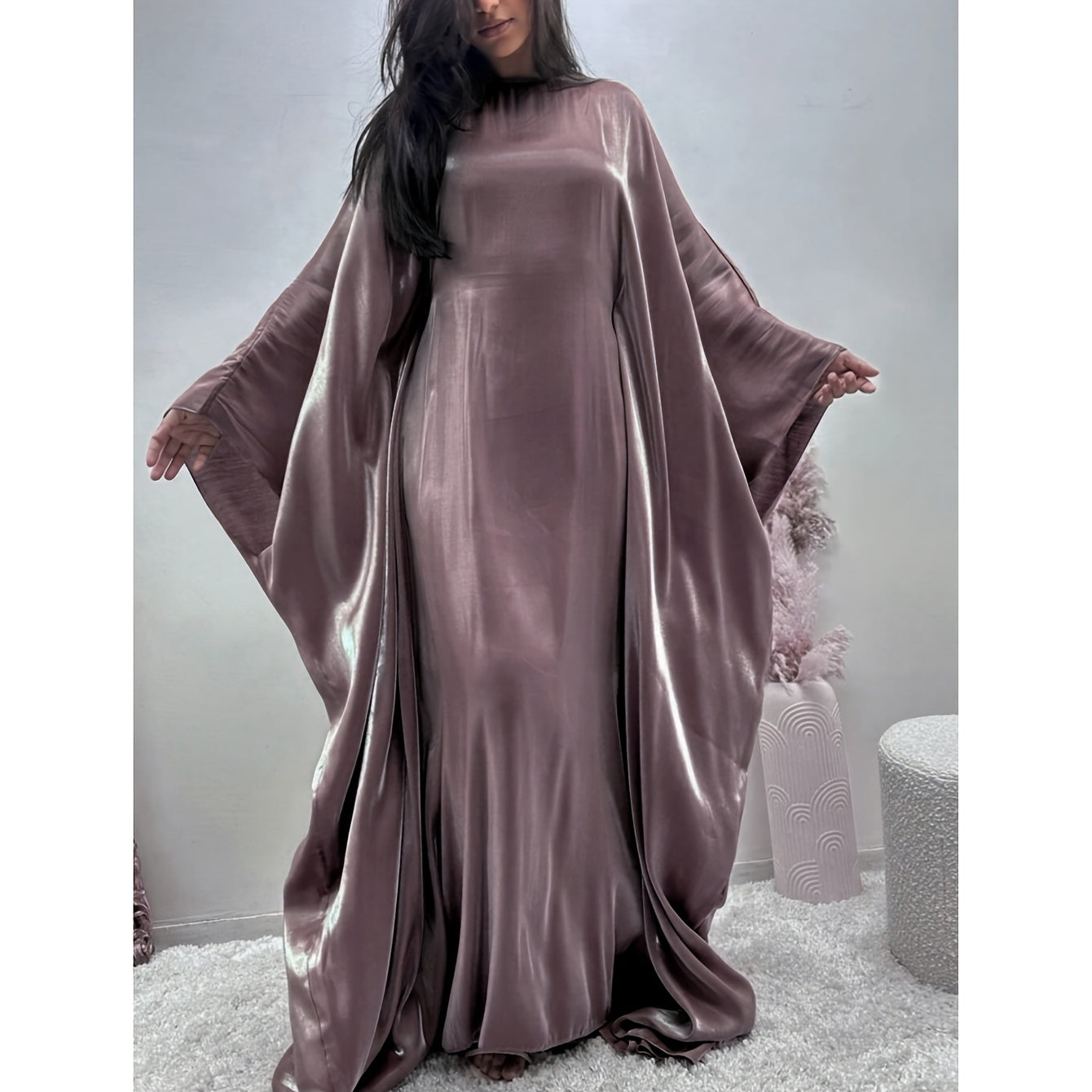 Women's Elegant Satin-Like Abaya Robe - Loose Fit Long Sleeve Breathable Muslim Dress with Middle Eastern-Inspired Design, Non-Stretch Fabric & Luxury Accessory Inclusion for Parties