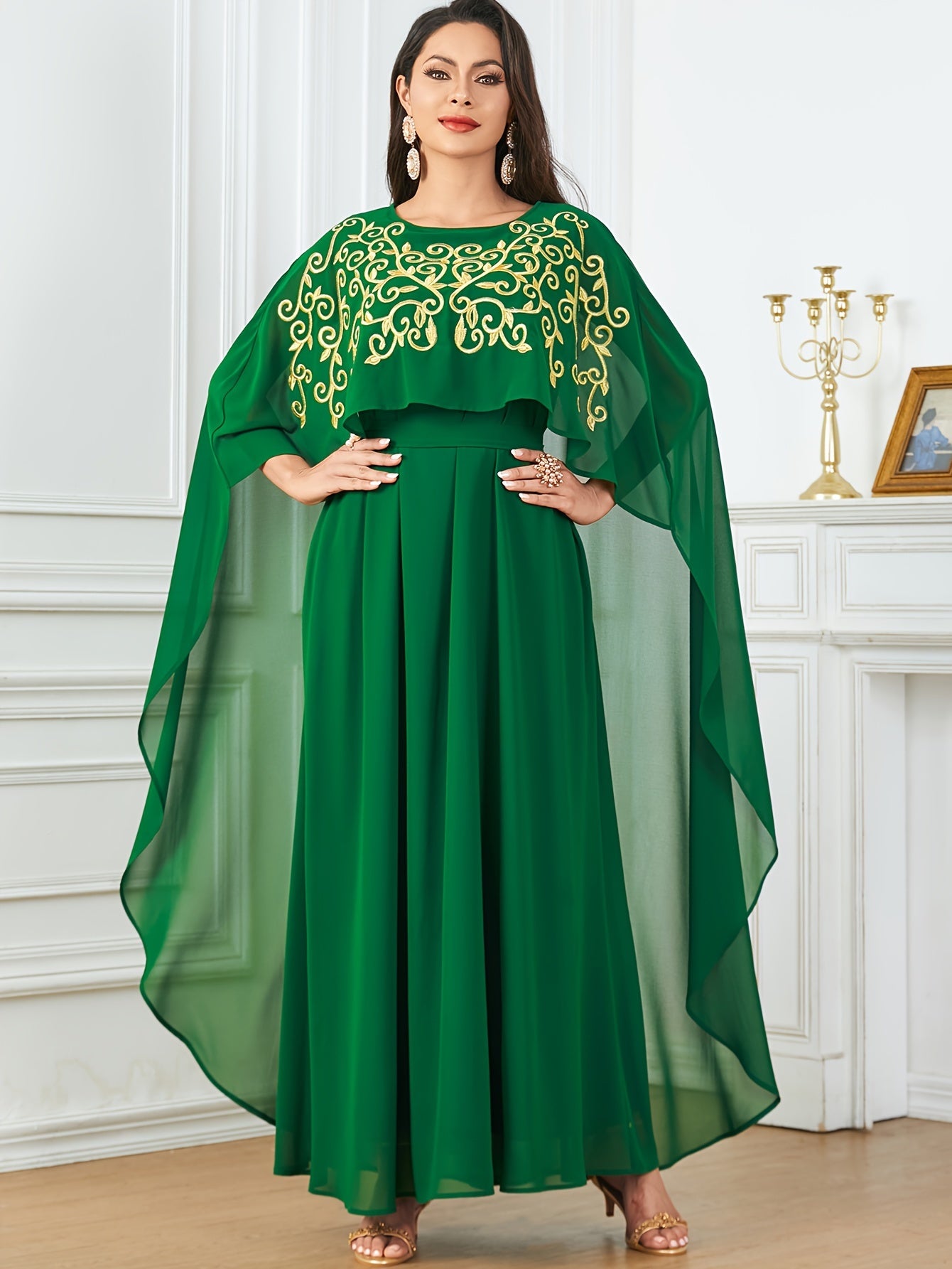 Stylish Long Cape with Lace Edge and Embroidery, Two-piece Set, Robe with Waistband and Body-hugging Abaya Dress