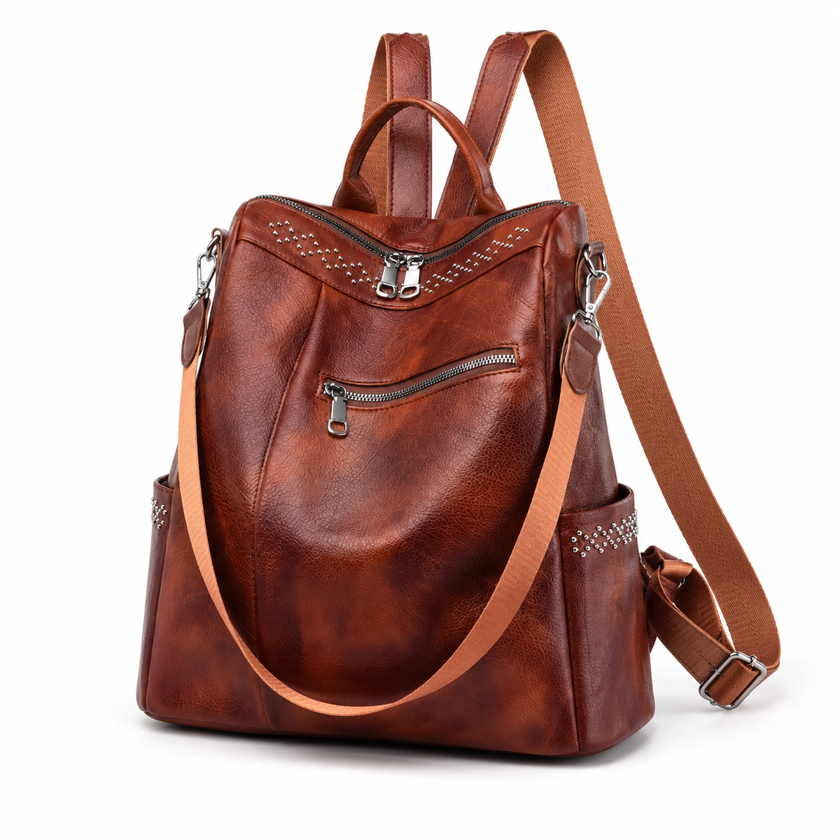Vintage Brown Studded Convertible Backpack Bag