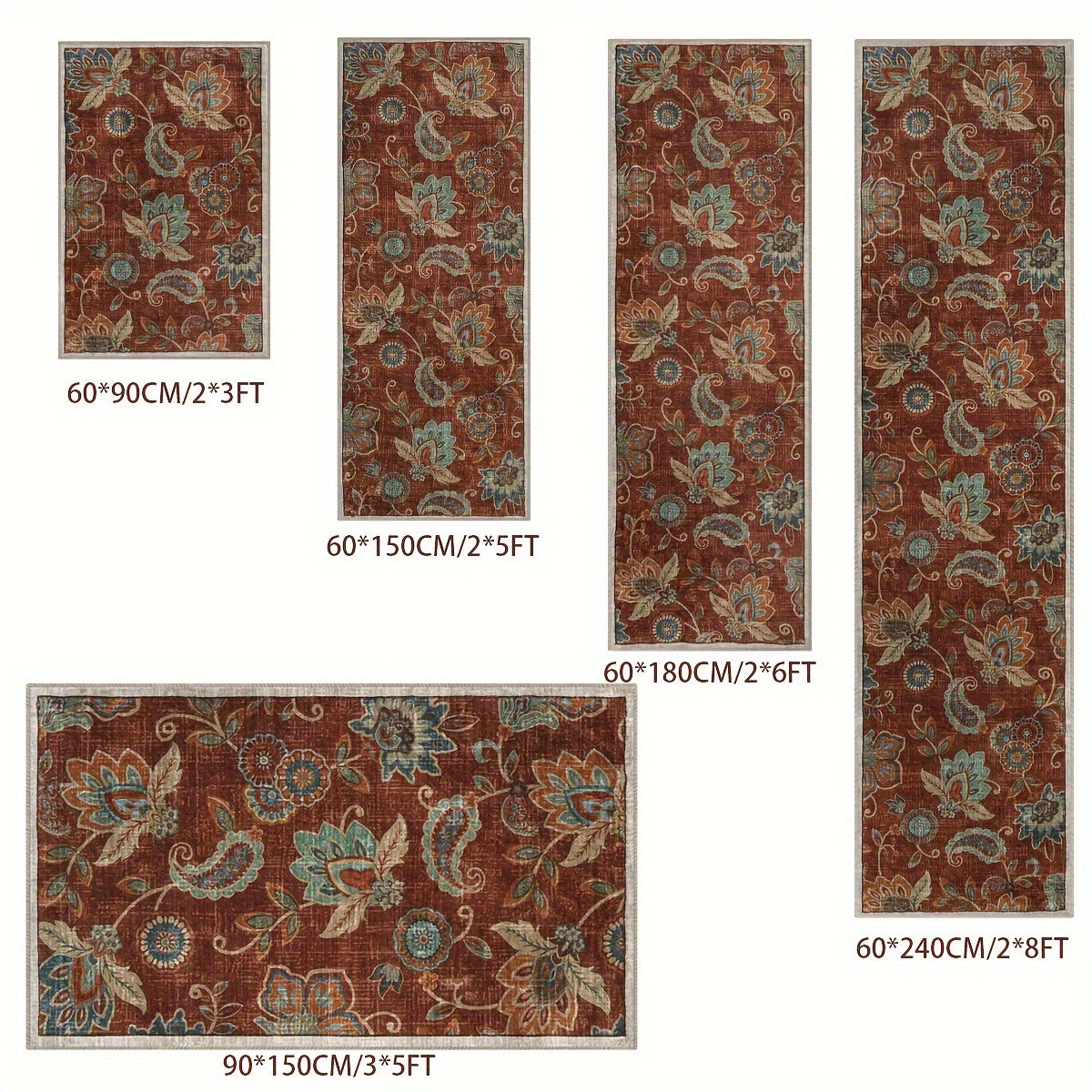 Vintage Non Slip Throw Area Rug, Floral Washable Entryway Rugs Indoor, Soft Paisley Bedroom Rug Bath Mat, Distressed Floor Chair Carpet For Living Room Entrance Dorm RV, Red