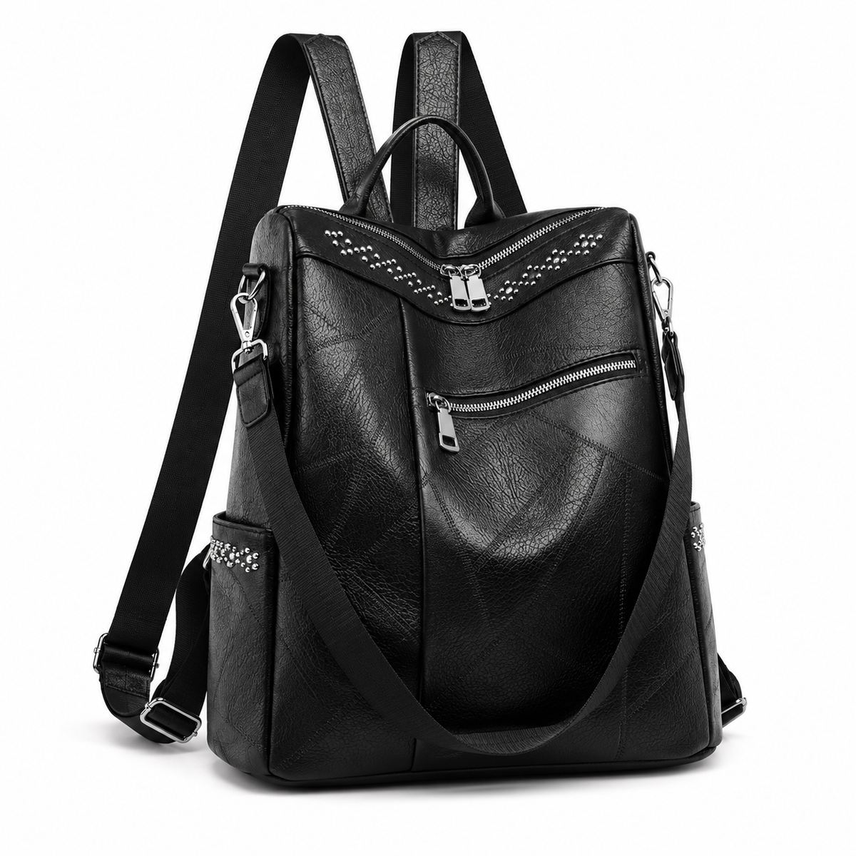 Black Textured Backpack With Studded Details