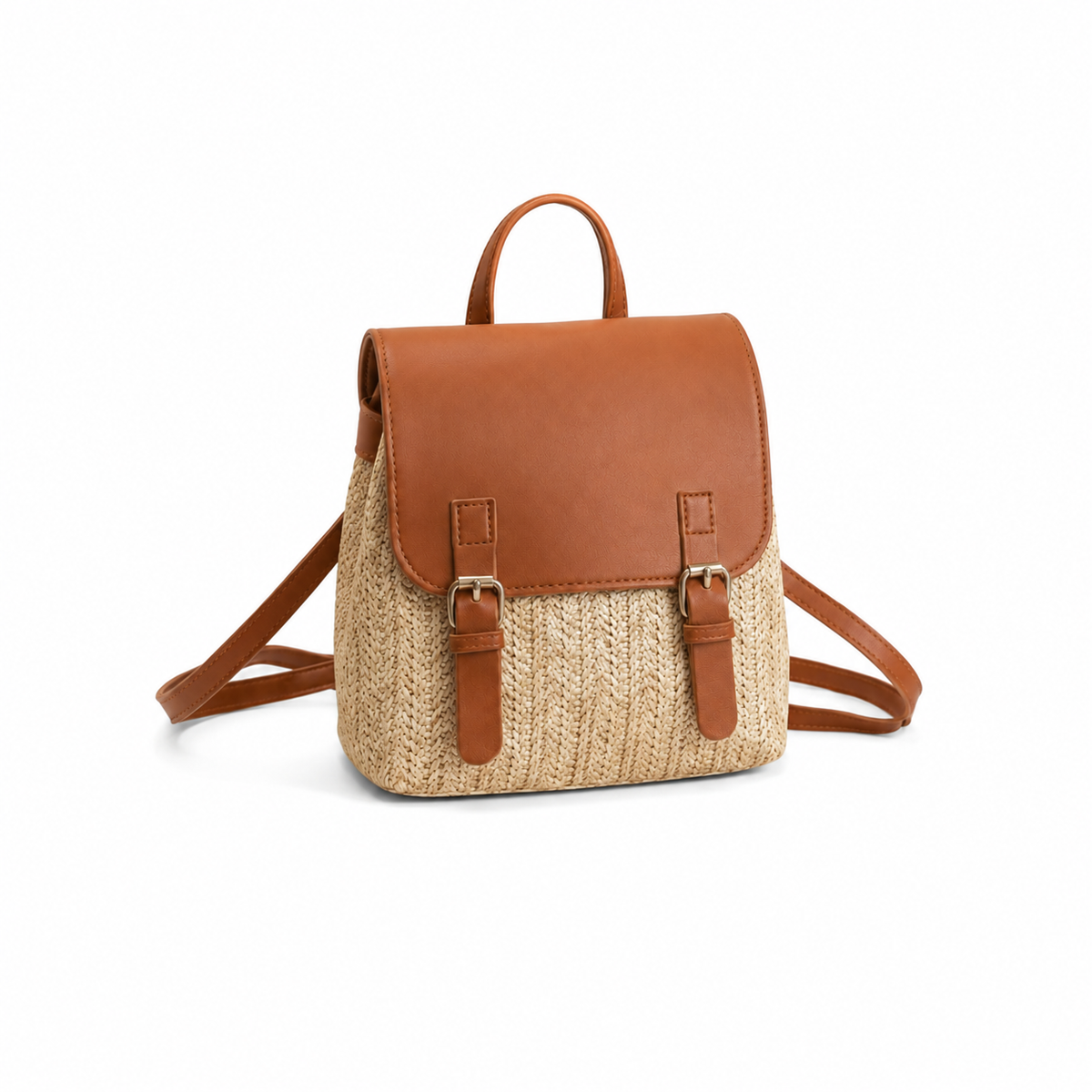 Tan Leather & Woven Straw Mini Backpack Handbag