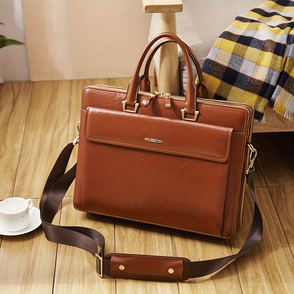 Premium Genuine Leather 15.6" Business Laptop Bag for Women - Light Brown, Adjustable Shoulder Strap