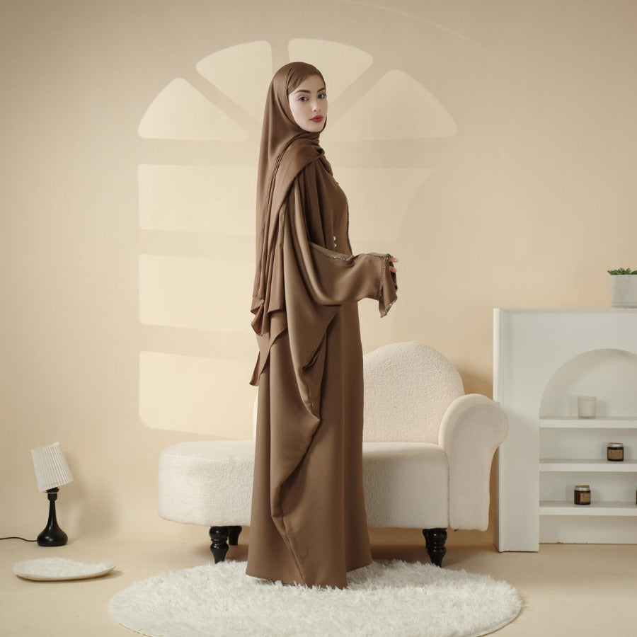 Batwing Emirati Abaya with Matching Hijab | Batwing Sleeve Abaya – Elegant Middle Eastern Arab, Islamic Style Shawl Robe Dress for Women, Long Skirt, Ramadan Prayer Outfit
