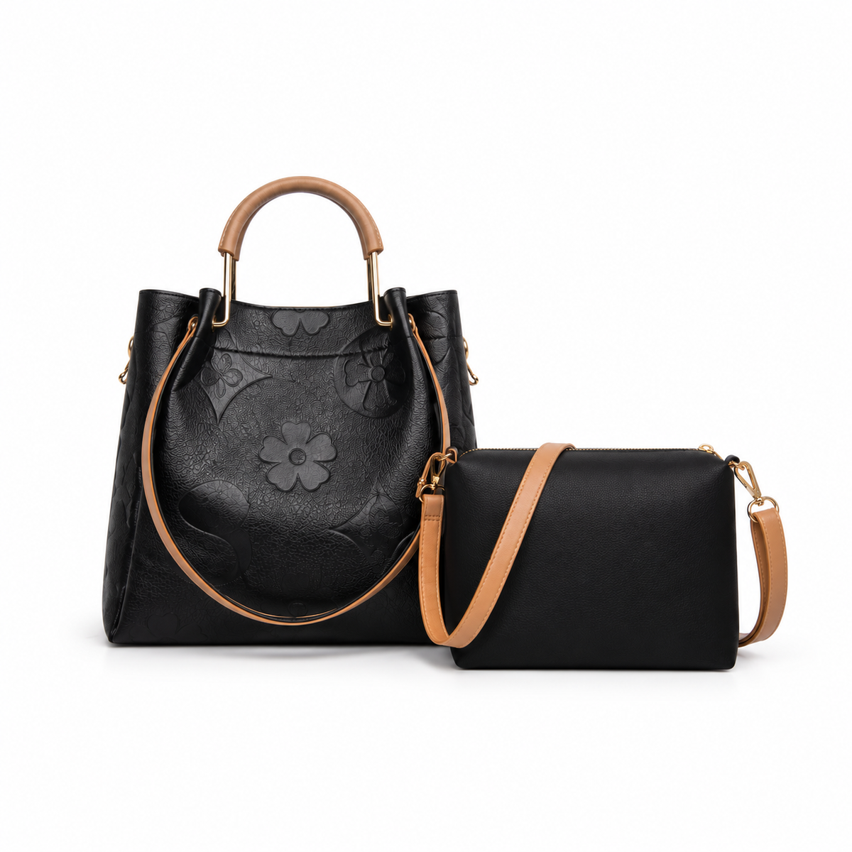 Black Embossed Tote Crossbody Handbag Set