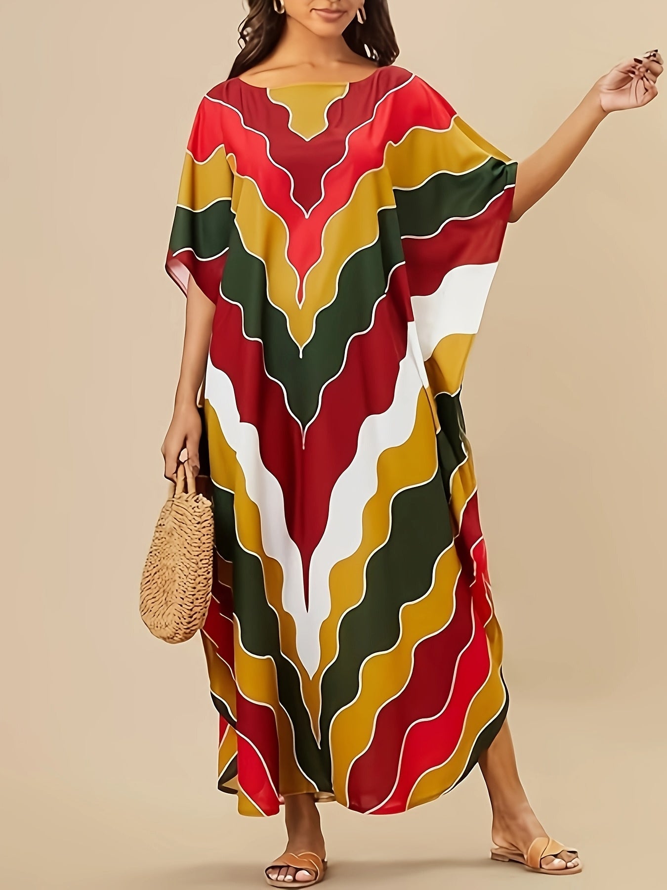[Long Printed Kaftan] Long V-Neck Printed Kaftan Dresses For Women | Slid Split Swimsuit Cover Up Kaftan Lounge Dresses