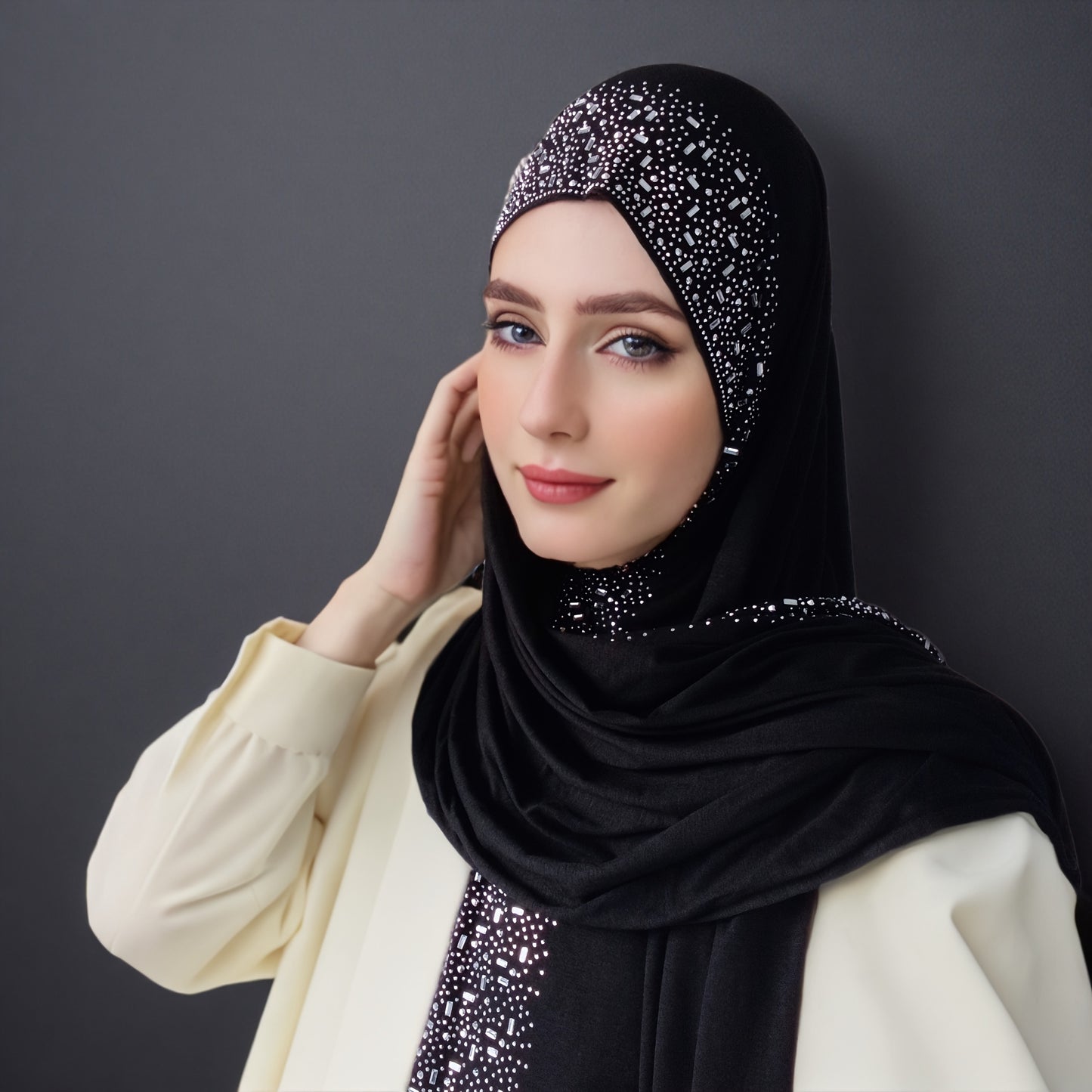 Elegant Black Stretch Bamboo Jersey Hijab Scarf Shawl for Women | Elastic Soft Large Headscarf with Sparkling Rhinestone Trim, Hand Washable Muslim Woven Head Cover & Hair Accessory, Modest Fashion
