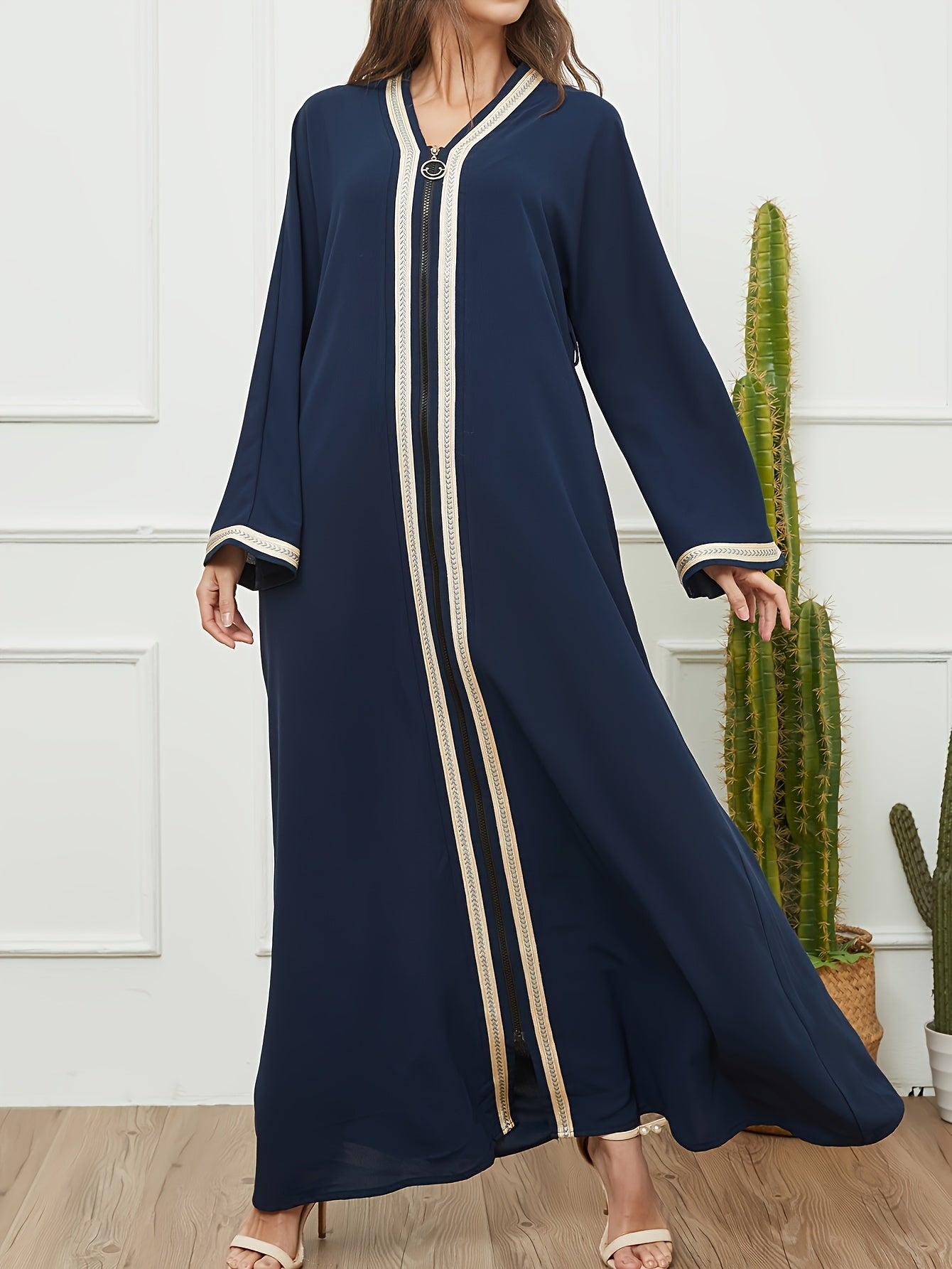Elegant Middle Eastern Kaftan Arabic Abaya Dress - Long Sleeve Solid Color Traditional Women's Dress with Adjustable Waist Belt, All-Season Modest Wear for Casual & Formal Occasions