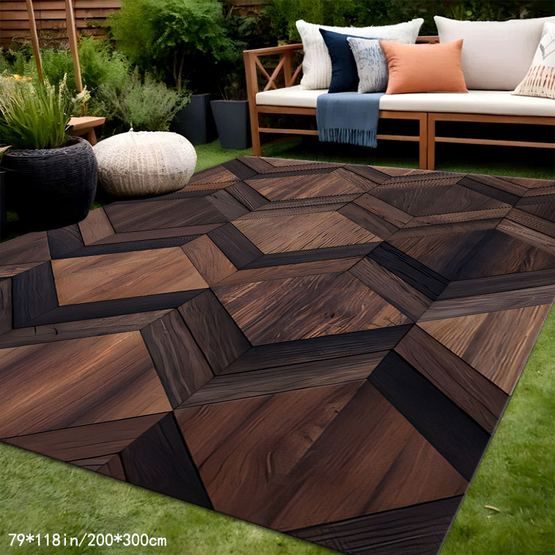 [Crystal Velvet | Wooden Inlay] 700G 1pc Wooden Inlay W-shaped Pattern Mat, Crystal Velvet + Dot Embossed Bottom | Outdoor Rugs, Suitable for Courtyard, Terrace, Balcony | Machine Washable, Outdoor Mat