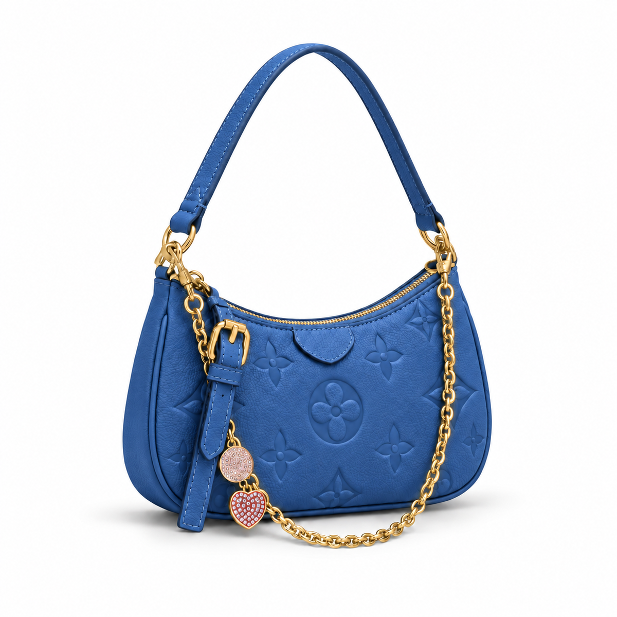 Blue Embossed Shoulder Bag with Gold Chain