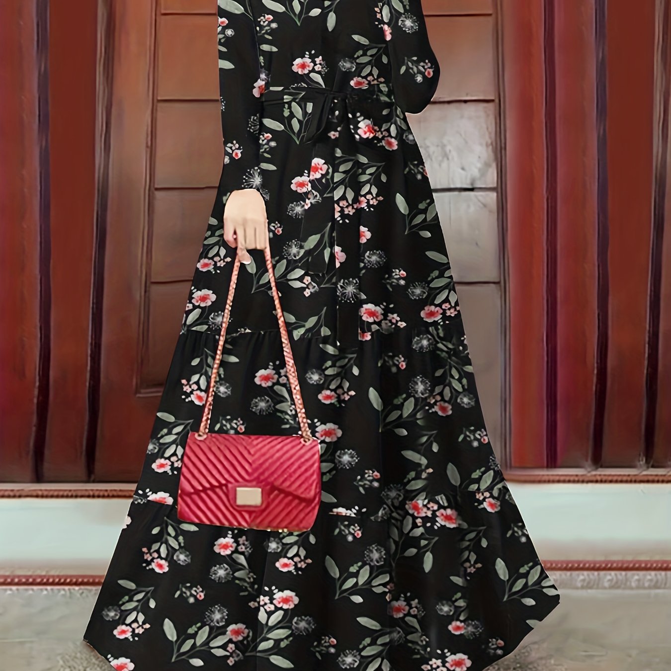New Women's Elegant Middle Eastern Kaftan Abaya - Black Floral Print with Red Flowers, Long Sleeve Lace-Up Modest Dress, Machine Washable for Spring Summer Fall, Abaya Dress Fancy
