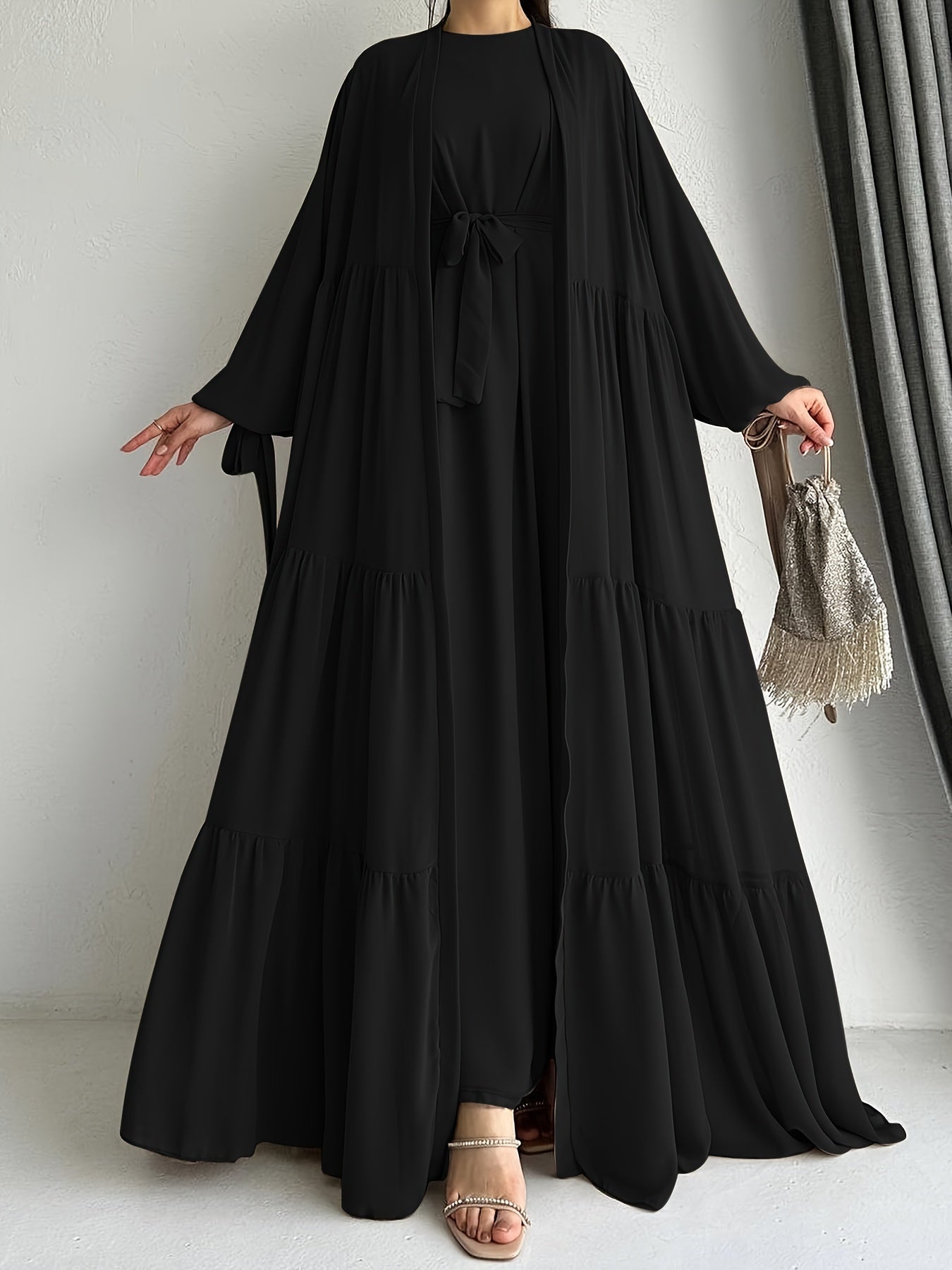 Women's Middle Eastern Palestinian Abaya Dress with Cape Cover - Sleeve Brown Solid Color Modest Traditional Dress, Adjustable Waist Tie Belt, Machine Washable All-Season Wear, Versatile Layering Piece
