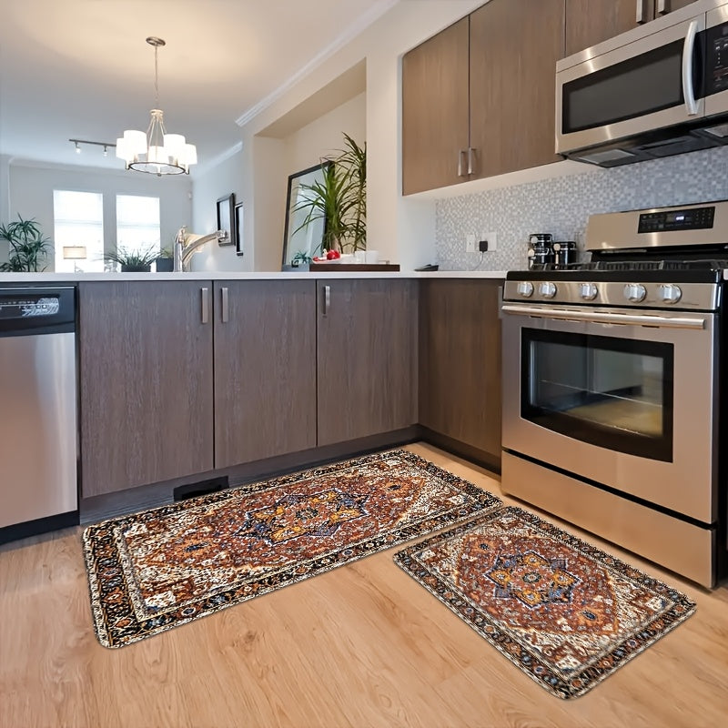 Kitchen Mat Set Featuring a Bohemian Style, Small Decorative Rugs with Vintage Eastern Medal Designs, Persian Carpets Made of Plush Material That Are Stain-Resistant, Non-Slip, Soft, Comfortable, And Easy to Clean