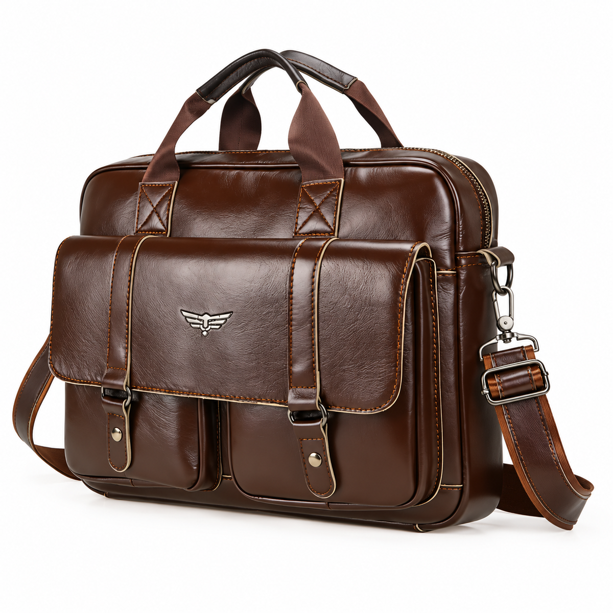 Classic Brown Leather Briefcase With Pockets