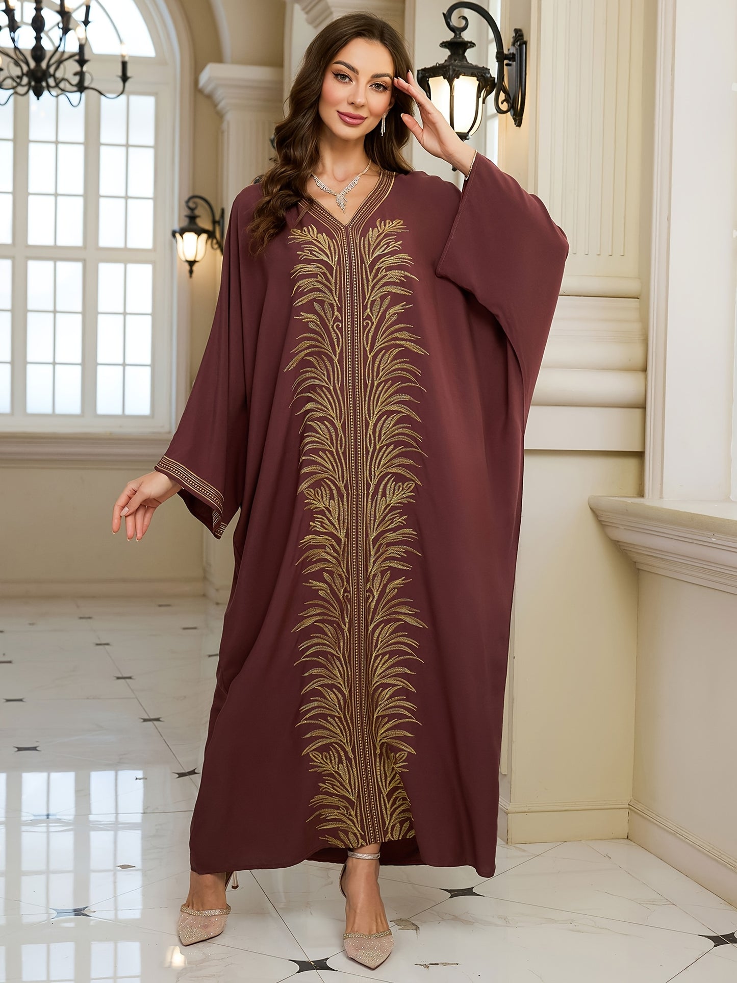 Women's Golden Floral Embroidered V-Neck Batwing Sleeve Kaftan Robe - Loose Fit Plus Size Long Dress for Ramadan Eid Beach Vacation, Middle Eastern Cover Up, Muslim Abaya Dress