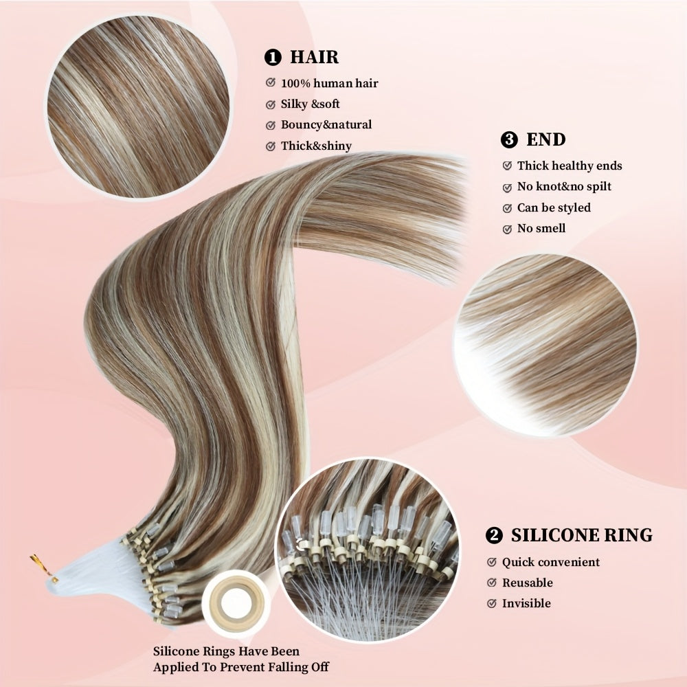 50 Strands of DNE Hair Microlink Human Hair Extensions Ranging from 14 to 24 Inches in Light Brown And Blonde, Featuring Straight Hair with Cold Fusion Micro Loop Invisible Seamless Bead Extensions Designed for Women. Made fr